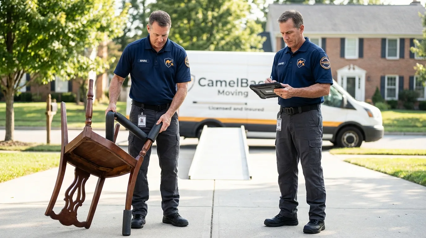Movers inspecting furniture for damage prevention before loading in Morrisville, NY