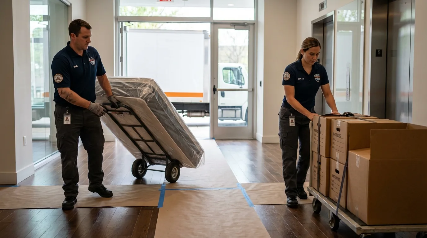 Professional apartment movers loading elevator in Morrisville, NY